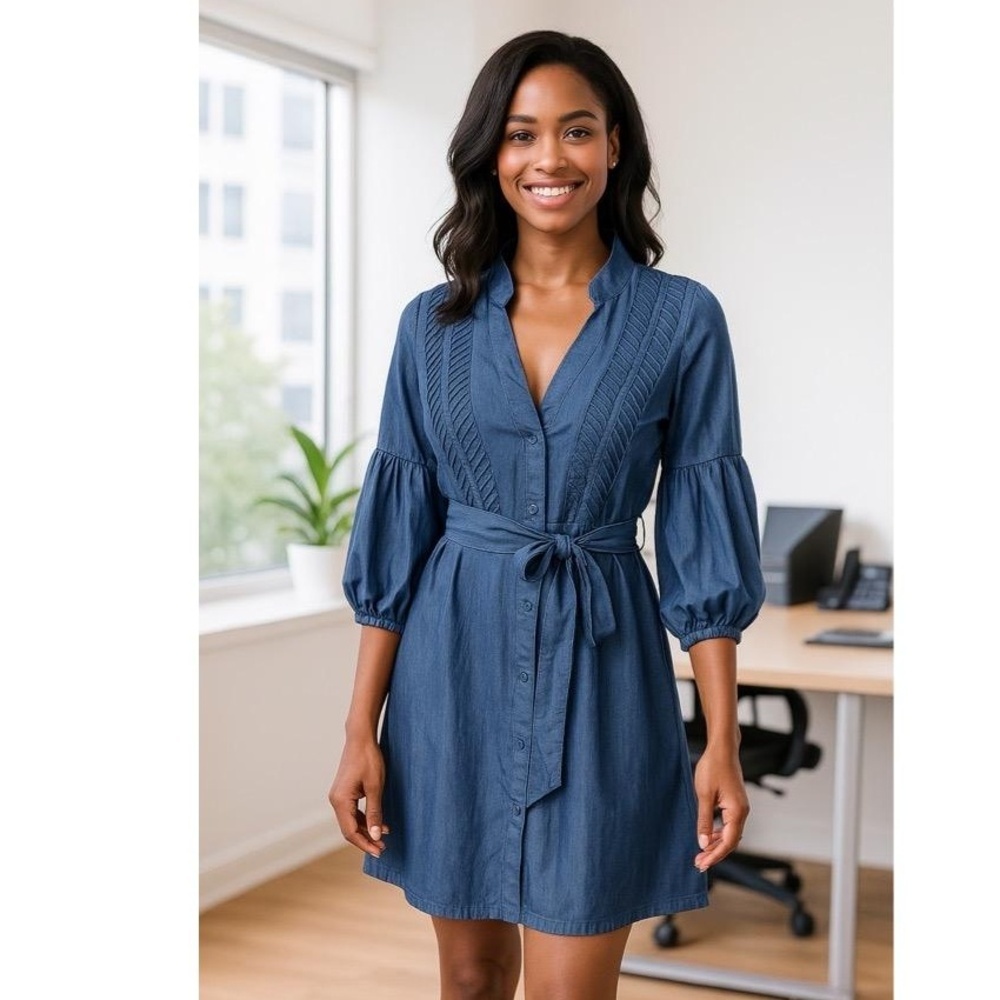 PEK-A-BOO Denim Long Sleeve Button‎ Down Tie Waist Casual Dress Extra Large